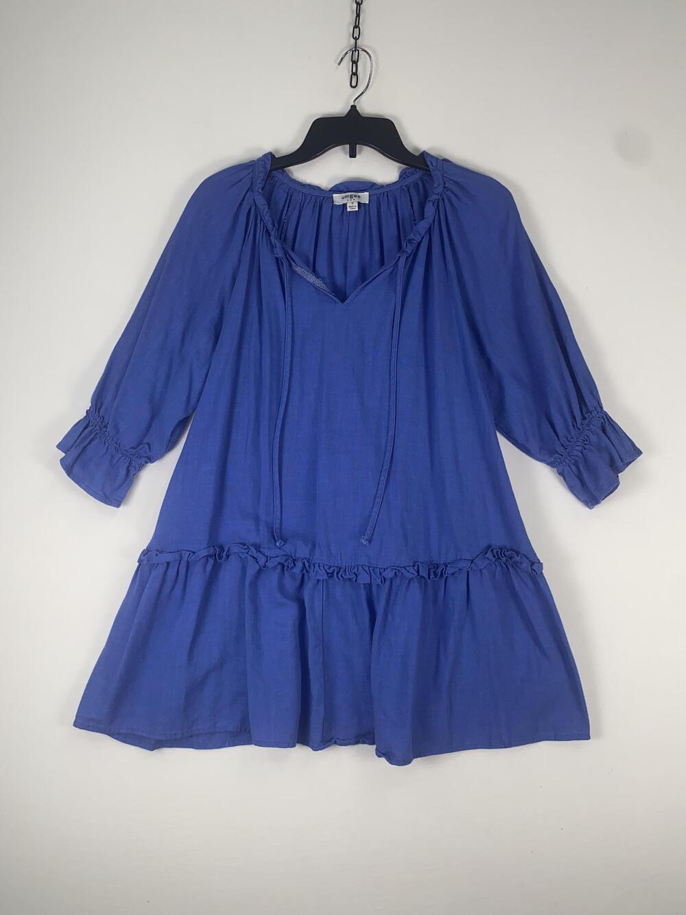 Umgee Dress Womens Small Blue Linen Cotton 3/4 Sleeve Ruffle Hem Boho Swing